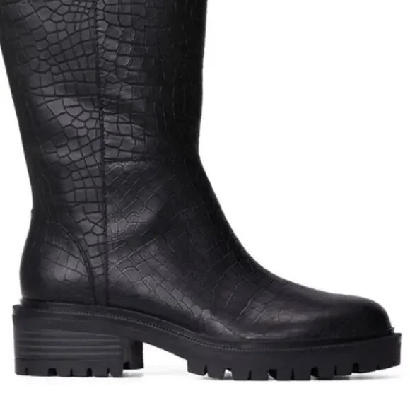 Paige Bella Black Tall/Knee High Boots Sz 9.5 Croc Embossed Leather Lug Sole New